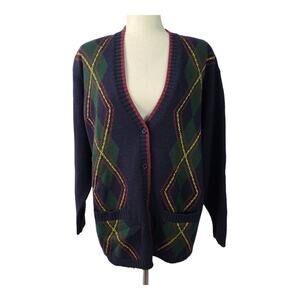 JH Collections Blue Gold Red Green Argyle Vintage Wool Blend Cardigan Sweater L